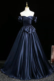 Navy Satin Off-Shoulder Ball Gown with Bow Detail, Elegant A-Line Party Dress HZ0429