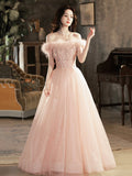 Pink Tulle Lace Long Prom Dress with Feathers, Off Shoulder Pink Evening Dress HZ0429