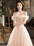 Pink Tulle Lace Long Prom Dress with Feathers, Off Shoulder Pink Evening Dress HZ0429