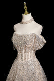 Champagne Tulle Sequins Long Prom Dress, Shiny A-Line Party Dress HZ0429