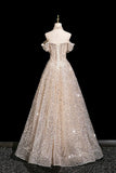 Champagne Tulle Sequins Long Prom Dress, Shiny A-Line Party Dress HZ0429