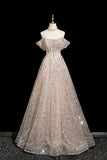 Champagne Tulle Sequins Long Prom Dress, Shiny A-Line Party Dress HZ0429