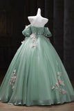 Green Tulle Flower Long Prom Dress, A-Line Off the Shoulder Evening Party Dress HZ0429