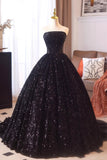 Black Sequins Long Prom Dress, Black A-Line Strapless Evening Party Dress HZ0429