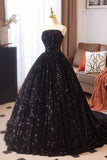 Black Sequins Long Prom Dress, Black A-Line Strapless Evening Party Dress HZ0429