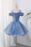 Blue Lace Off-the-Shoulder Homecoming Dress, A-Line Sparkly Tulle Party Dress HZ0429