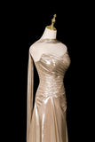 Champagne Sweep Train Floor Length Prom Dress, Champagne Mermaid Strapless Evening Party Dress HZ0429