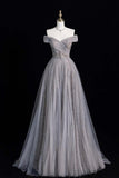 Sparkly Grey Tulle Ball Gown Off Shoulder Formal Evening Dress HZ0429