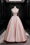 Pink Satin Spaghetti Strap Long Prom Dress, Beautiful A-Line Evening Dress with Bow HZ0429