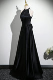 Black Satin Halter Long Prom Dress, Elegant A-Line Evening Party Dress HZ0429
