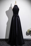 Black Satin Halter Long Prom Dress, Elegant A-Line Evening Party Dress HZ0429