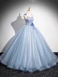 Blue Tulle Lace Floor Length Formal Dress, A-Line Spaghetti Strap Backless Evening Party Dress HZ0429