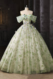 Floral Embroidered Sage Green Tulle Ball Gown Off Shoulder Evening Gown HZ0429