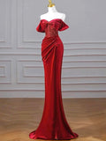 Burgundy Velvet Sequins Long Prom Dress, Mermaid Off the Shoulder Party Dress with Slit HZ0429