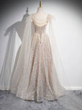 Champagne Tulle Sequins Long Prom Dress, Sparkling A-Line Evening Party Dress HZ0429