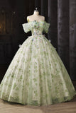 Floral Embroidered Sage Green Tulle Ball Gown Off Shoulder Evening Gown HZ0429