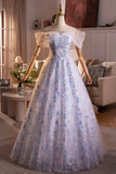 Blue Flower Fairy Tulle Long Prom Dress, Beautiful Off the Shoulder Party Dress HZ0429