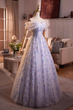 Blue Flower Fairy Tulle Long Prom Dress, Beautiful Off the Shoulder Party Dress HZ0429