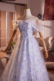 Blue Flower Fairy Tulle Long Prom Dress, Beautiful Off the Shoulder Party Dress HZ0429