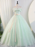 Beautiful Sage Green Tulle Floor Length Prom Dresses, A-Line Off the Shoulder Evening Part Dresses HZ0429