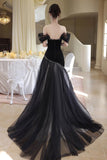 Black Velvet Off Shoulder Mermaid Evening Gown Beaded Tulle Train Formal Dress HZ0429