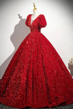 Red V-Neck Sequins Long Prom Dress, Red Short Sleeve Party Dress HZ0429