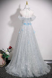 Silver Sequins and Blue Butterfly Long Prom Dress, Beautiful A-Line Evening Party Dress HZ0429