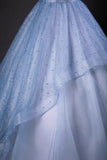 Blue Spaghetti Strap Tulle Long Prom Dress, Elegant A-Line Evening Party Dress HZ0429