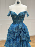 Blue Lace Sequins Layered Long Prom Dresses, Beautiful Off the Shoulder Evening Party Dress HZ0429