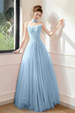 Blue Tulle Beads Long Prom Dress, Lovely A-Line Evening Party Dress HZ0429