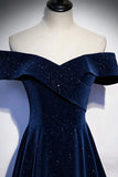Navy Velvet Long Prom Dress, A-Line Off the Shoulder Evening Party Dress HZ0429