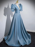 Blue Floor Length V-Neck Satin Prom Dress, Simple A-Line Evening Dress HZ0429
