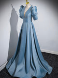 Blue Floor Length V-Neck Satin Prom Dress, Simple A-Line Evening Dress HZ0429
