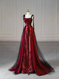 Burgundy Satin Sequins Long Prom Dress, Elegant Shiny Evening Party Dress HZ0429