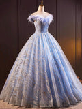 Blue Tulle Sequins Long Prom Dresses, Off the Shoulder A-Line Evening Dresses with Feather HZ0429