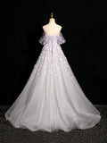 Grey Tulle 3D Flower Floor Length Prom Dress, Beautiful A-Line Off the Shoulder Party Dress HZ0429