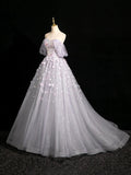 Grey Tulle 3D Flower Floor Length Prom Dress, Beautiful A-Line Off the Shoulder Party Dress HZ0429