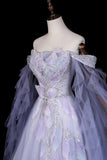 Sparkly Lilac Off-the-Shoulder Tulle Prom Dress, A-Line Evening Gown with Puff Sleeves HZ0429