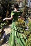 Green Off-the-Shoulder Mermaid Evening Gown with Ruffled Tiered Skirt HZ0429