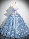 Blue Flower Fairy Tulle Floor Length Formal Dress, Beautiful Off the Shoulder Party Dress HZ0429