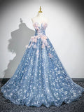 Blue Flower Fairy Tulle Floor Length Formal Dress, Beautiful Off the Shoulder Party Dress HZ0429