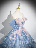 Blue Flower Fairy Tulle Floor Length Formal Dress, Beautiful Off the Shoulder Party Dress HZ0429