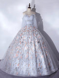 Gray Tulle and Floral Long Prom Dress, Beautiful A-Line Corset Evening Party Dress HZ0429