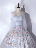 Gray Tulle and Floral Long Prom Dress, Beautiful A-Line Corset Evening Party Dress HZ0429