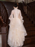 Champagne Tulle Beads Long Prom Dress, Beautiful Long Sleeve Evening Party Dress HZ0429