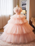 Pink Tulle Layers Ruffles Long Prom Dress, Beautiful Sweet 16 Dress Party Dress HZ0429