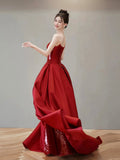 Burgundy Satin Sequins Long Prom Dress, Beautiful Strapless Evening Party Dress HZ0429