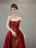 Burgundy Satin Sequins Long Prom Dress, Beautiful Strapless Evening Party Dress HZ0429