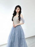 Blue Tulle Layered Long Prom Dresses, Beautiful Strapless Evening Party Dress HZ0429