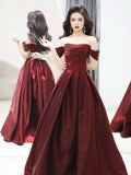 Burgundy Satin Beaded Floor Length Prom Dress, Beautiful A-Line Party Dress HZ0429